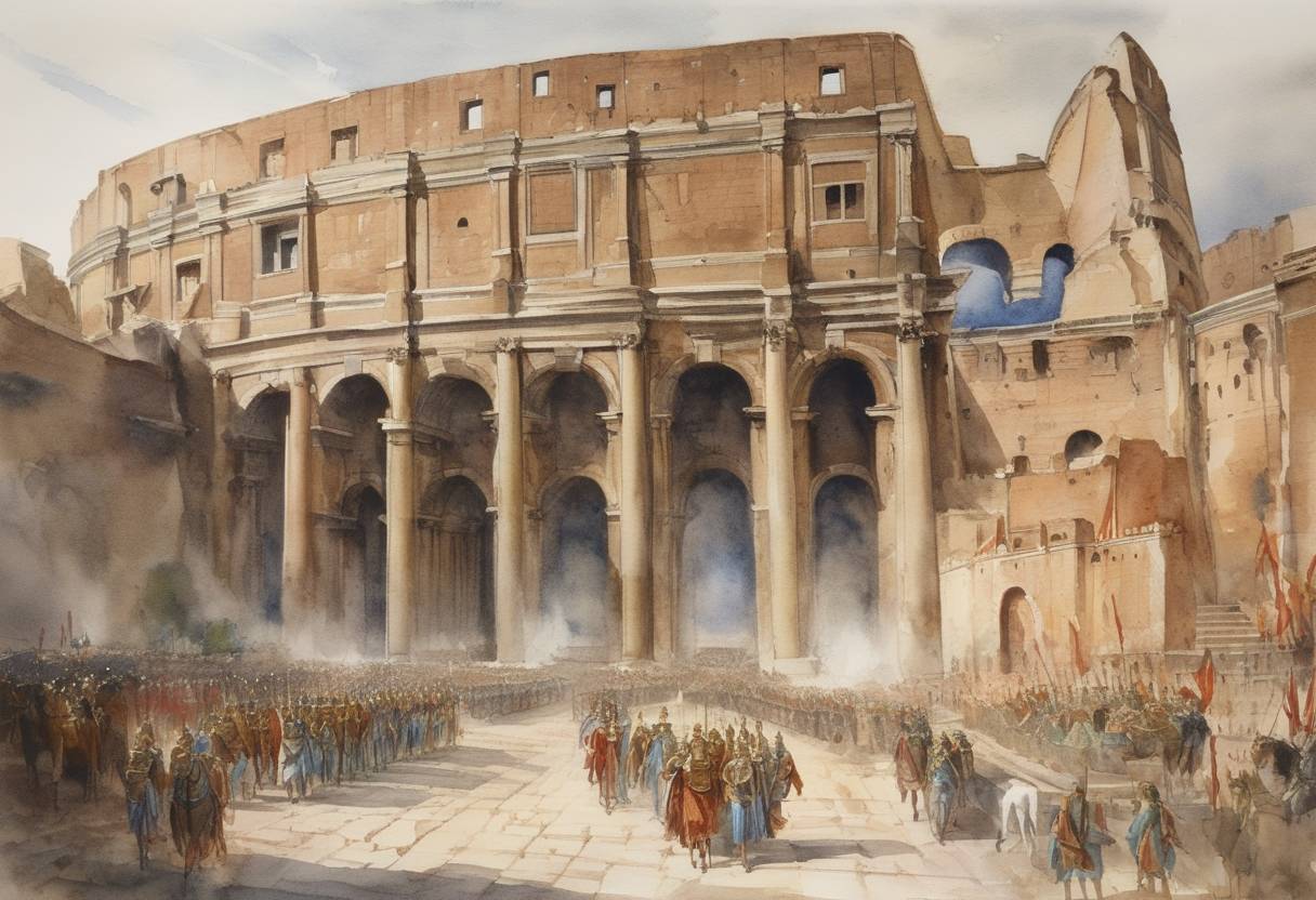 Watercolor painting based depiction of Emperor Aurelian begins his reign as Roman emperor. (274)