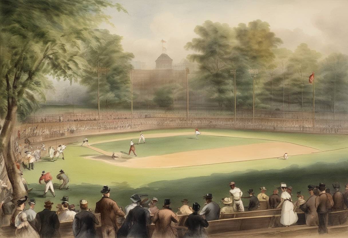 Watercolor painting based depiction of The first baseball game under modern rules was played in Hoboken, New Jersey, between the Knickerbocker Club and a team of cricket players. (1846)