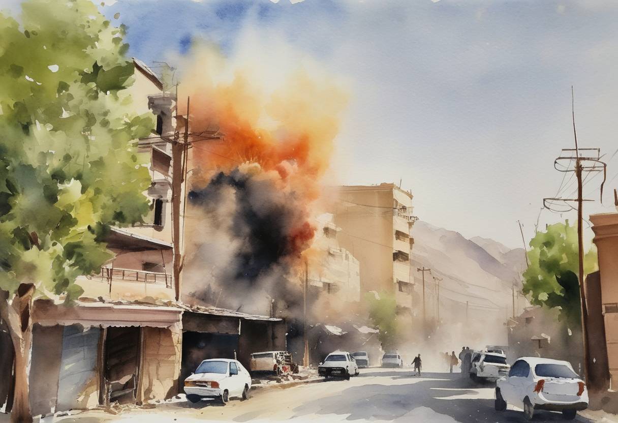 Watercolor painting based depiction of An explosion near a hotel in the Pakistani city of Quetta killed five people and injured many others. The attack was later claimed by the Pakistani Taliban. (2021)