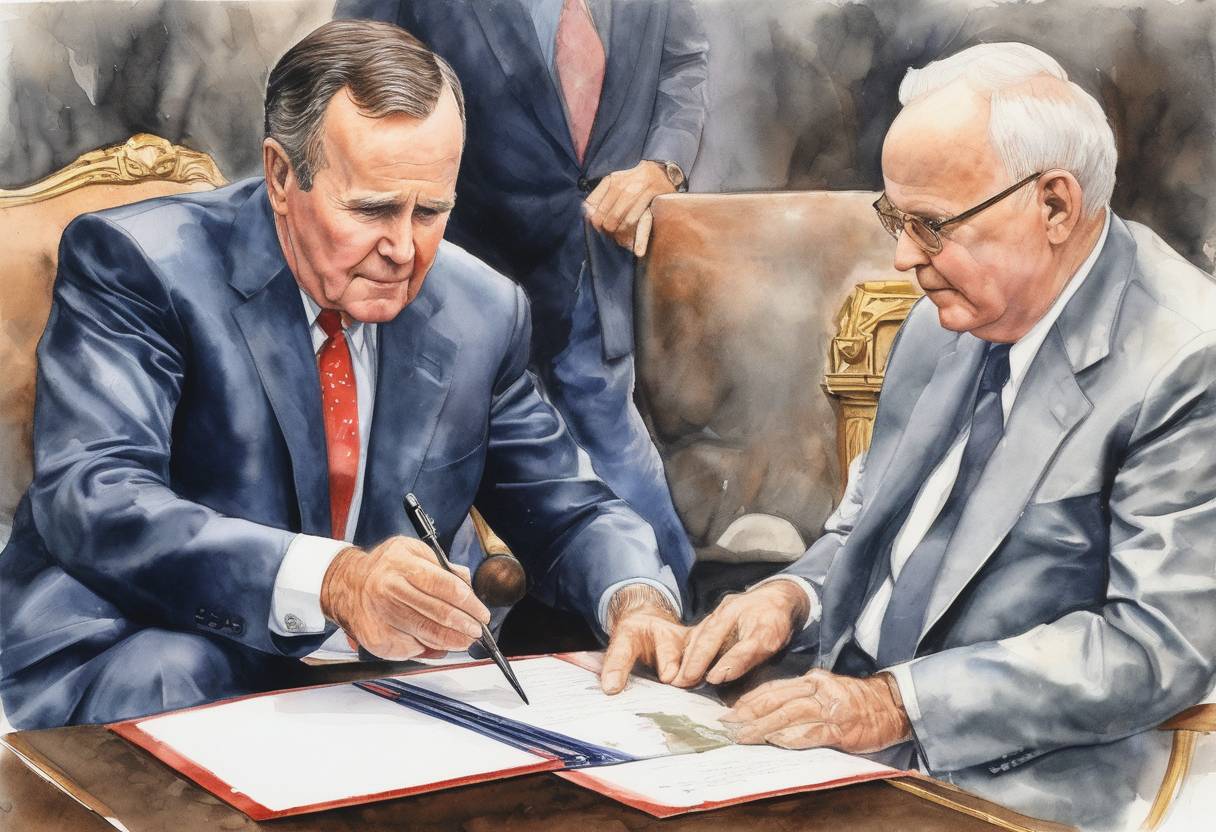 Watercolor painting based depiction of U.S. President George H. W. Bush and Soviet leader Mikhail Gorbachev sign a treaty to end chemical weapon production and begin the destruction of their respective stockpiles. (1990)