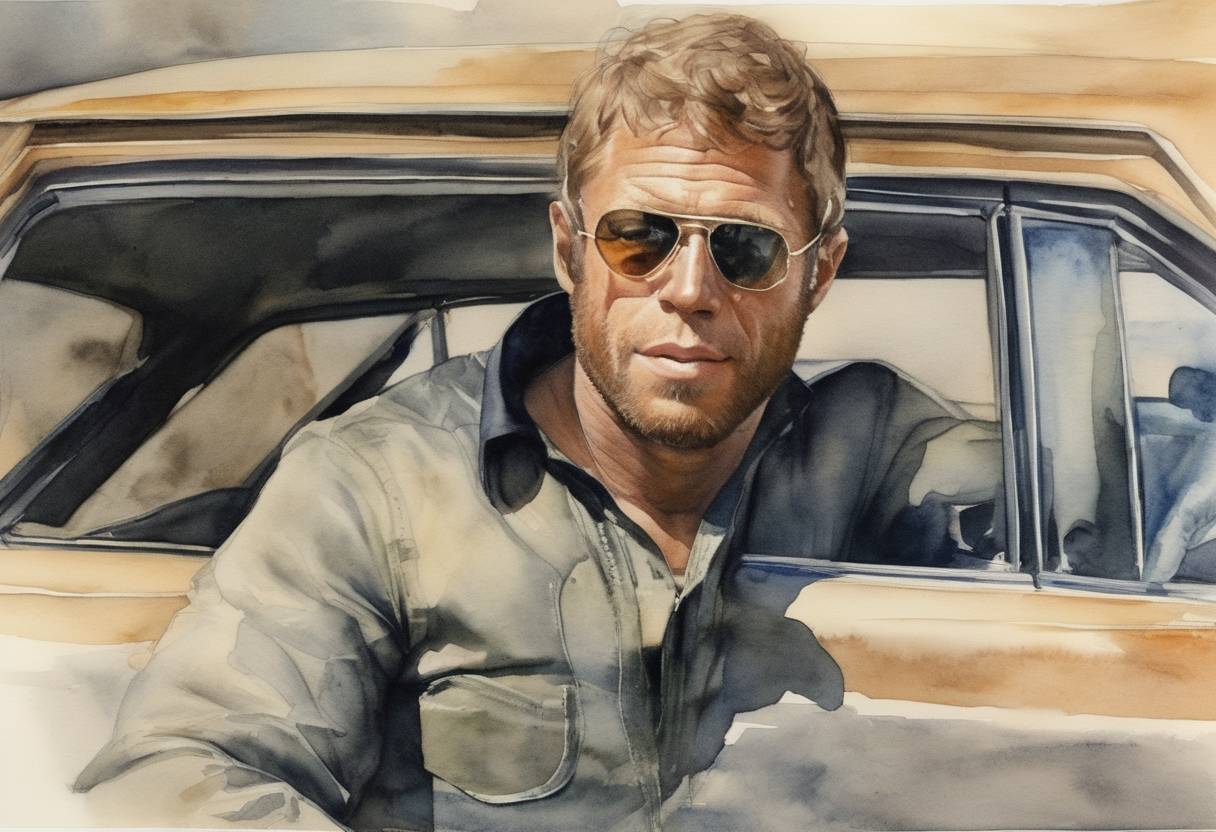 Watercolor painting based depiction of Steve McQueen, iconic American actor, passed away in Juárez, Mexico. He was known for his roles in films such as 'Bullitt' and 'The Great Escape'. (1980)