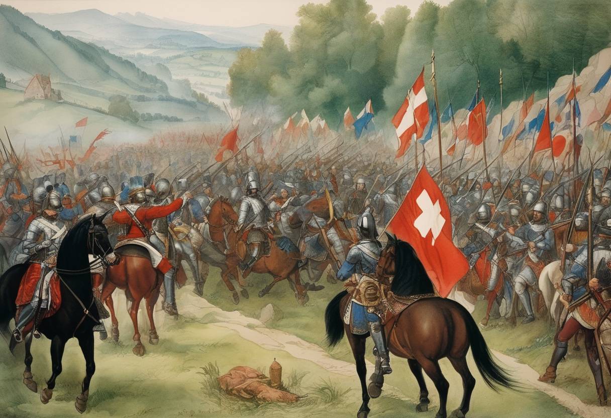 Watercolor painting based depiction of The French army, led by Louis de La Trémoille, defeated the Swiss in the Battle of Dornach, closing the Swabian War. (1499)