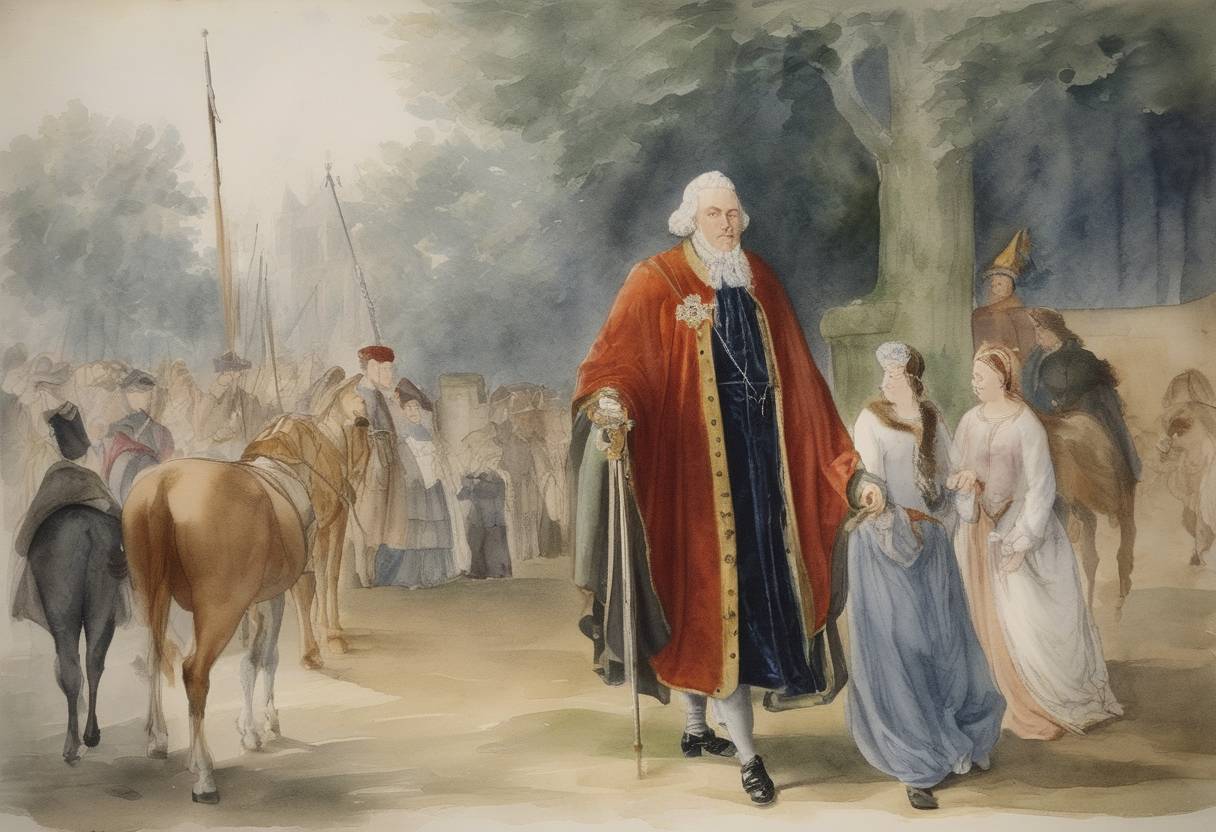 Watercolor painting based depiction of Louis X of France, known as Louis the Quarreler, died unexpectedly, leading to a succession crisis due to the lack of a male heir. (1316)