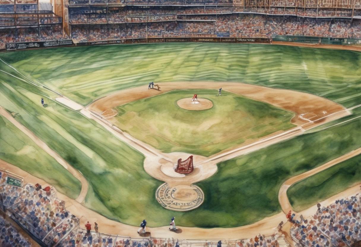 Watercolor painting based depiction of The Major League Baseball strike ended after 232 days, leading to a late start to the 1995 season. (1995)