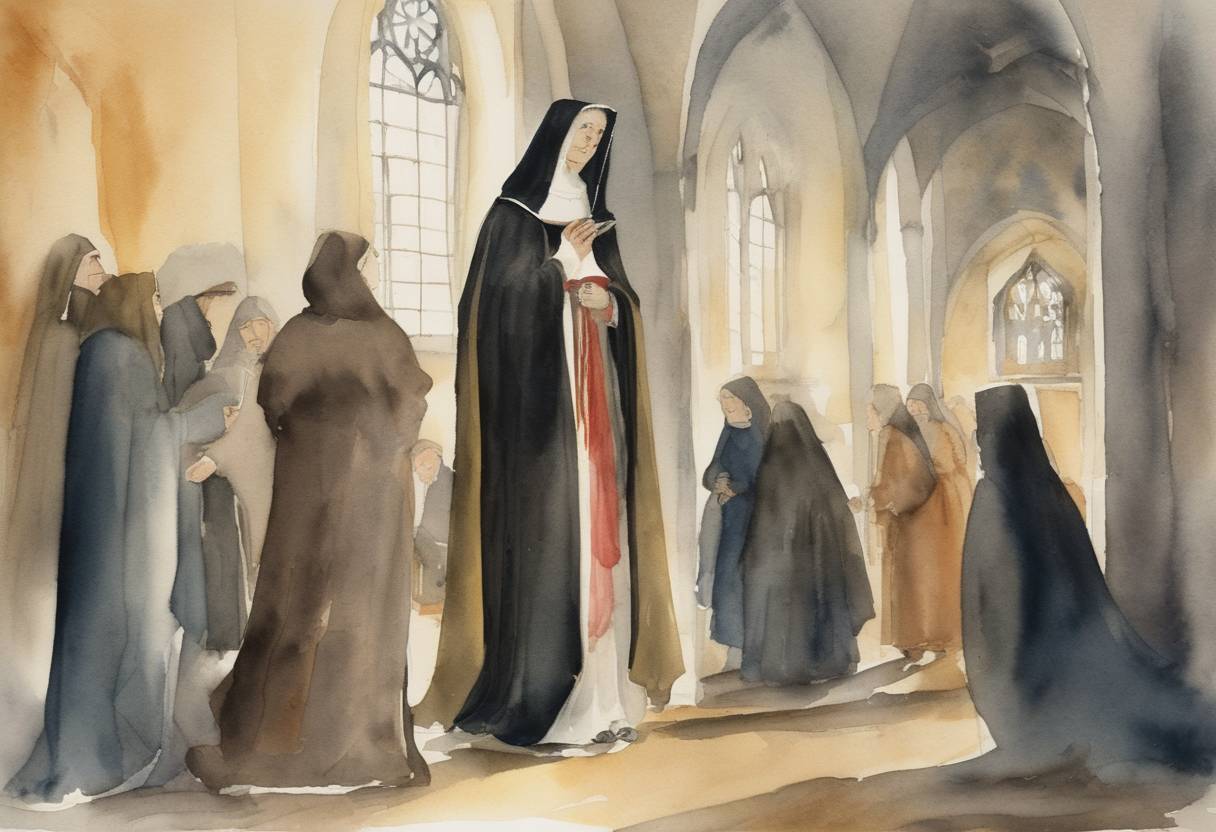 Watercolor painting based depiction of Liutgard of Waldeck, a significant figure in Westphalian history as the first abbess of Heerse convent, passed away. Her founding of the convent was a notable event in the religious and social life of the region. (1275)