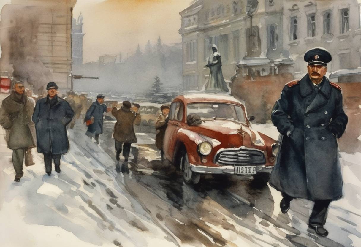 Watercolor painting based depiction of Lavrentiy Beria, the head of the Soviet Union's Ministry of Internal Affairs, was arrested after a power struggle within the Kremlin following the death of Joseph Stalin. (1953)