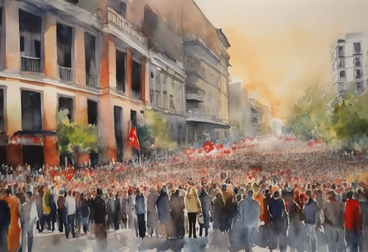 Watercolor painting based depiction of Protests began in Tirana, Albania, part of the broader wave of demonstrations and protests across the Middle East and Balkans in the early 2010s, demanding governmental transparency and an end to corruption. (2011)