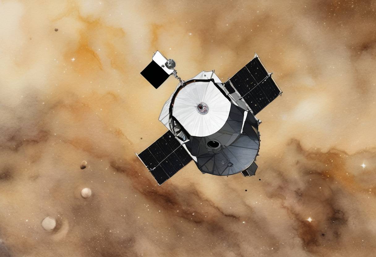 Watercolor painting based depiction of NASA's Lucy spacecraft captured its first images from space, marking a milestone in its mission to study Jupiter's Trojan asteroids. (2021)