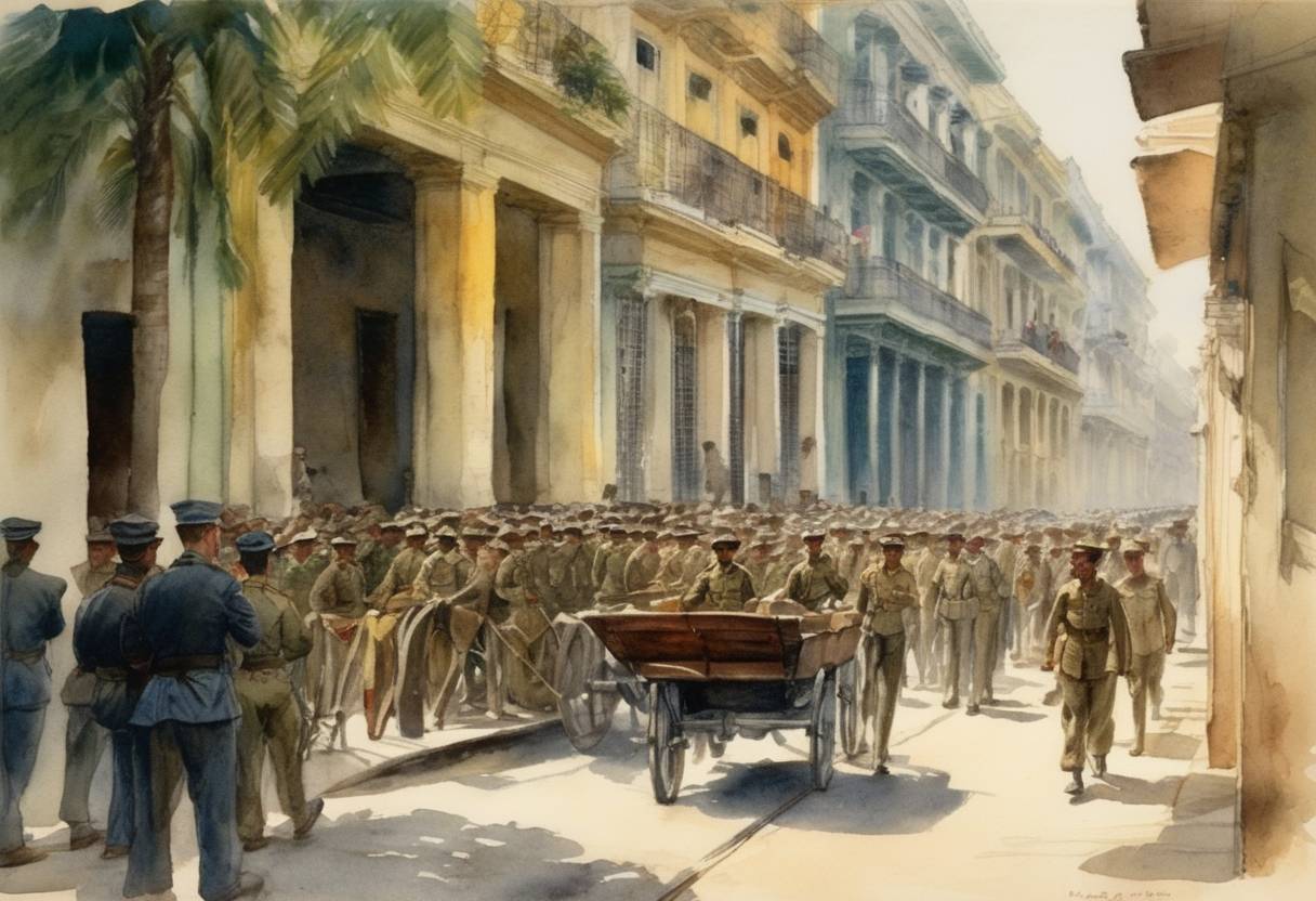 Watercolor painting based depiction of United States troops leave Cuba with the exception of Guantanamo Bay Naval Base, ensuring the U.S. retained the right to intervene in Cuba's affairs to some degree following its occupation for several years after the Spanish-American War. (1909)