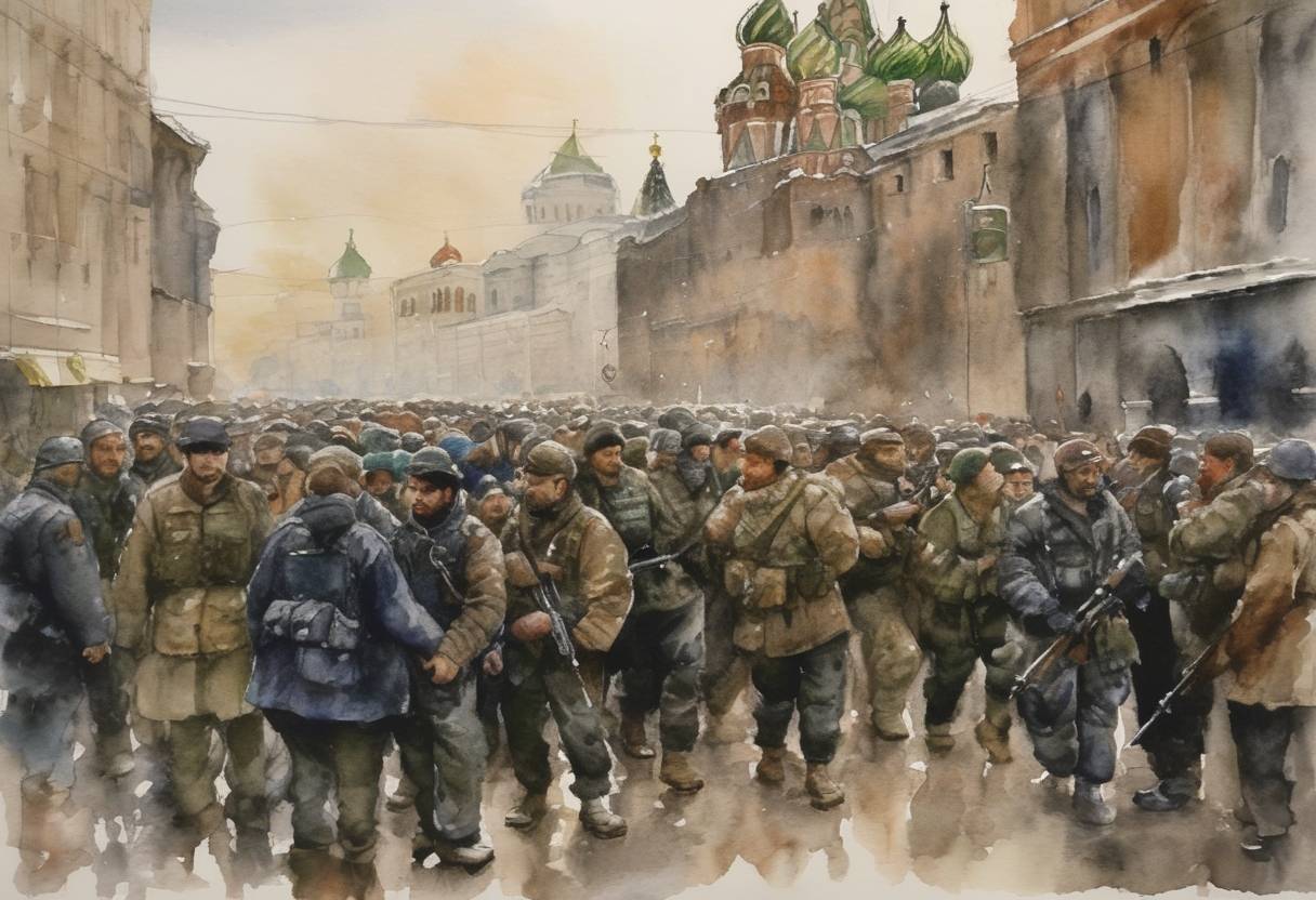 Watercolor painting based depiction of Chechen rebels seized a crowded Moscow theater, taking 850 hostages. The standoff lasted for several days, resulting in a siege by Russian security forces. (2002)