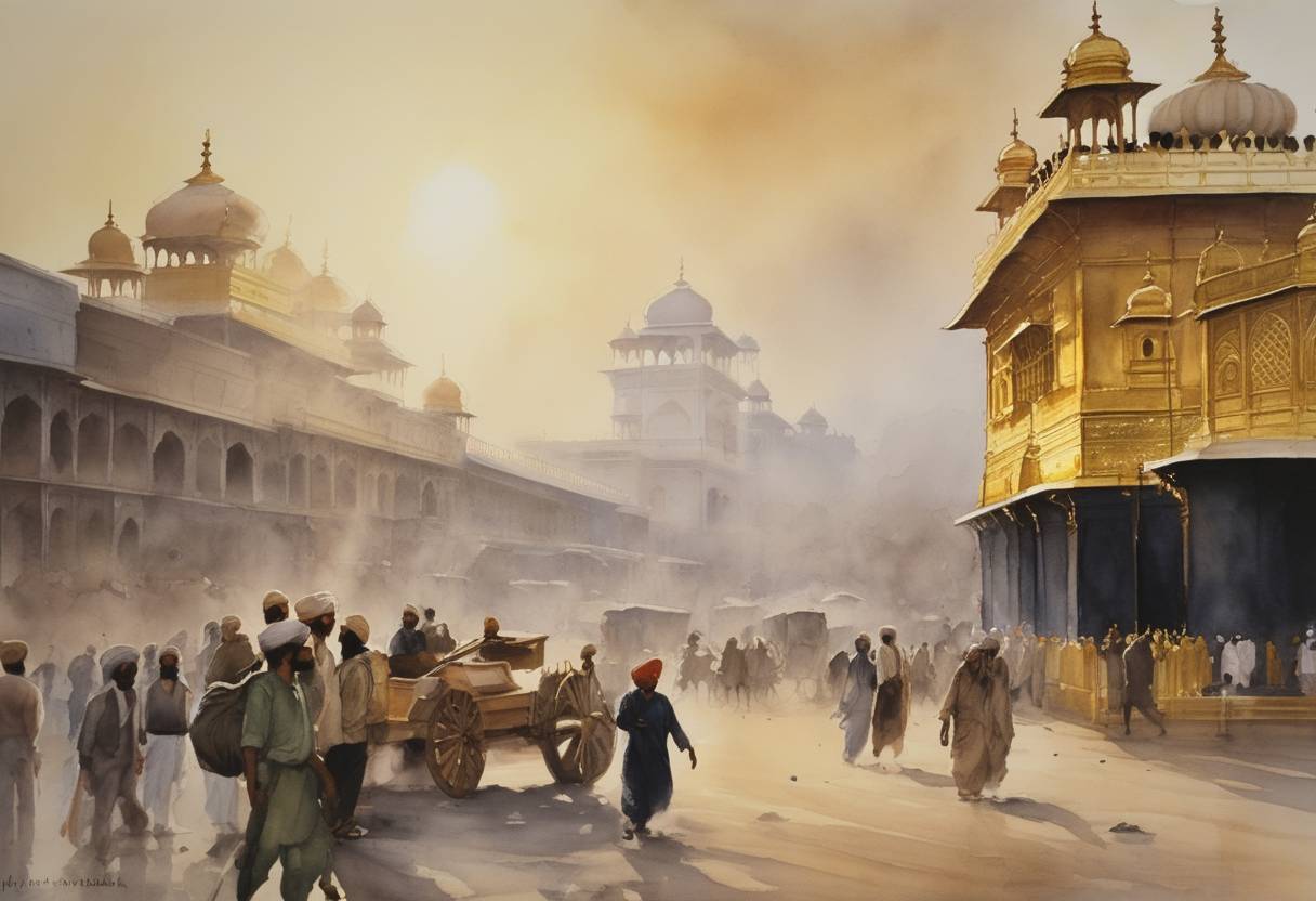 Watercolor painting based depiction of The government of India announces that Indian troops are to invade the Golden Temple complex in Amritsar on account of insurgent activities. (1984)
