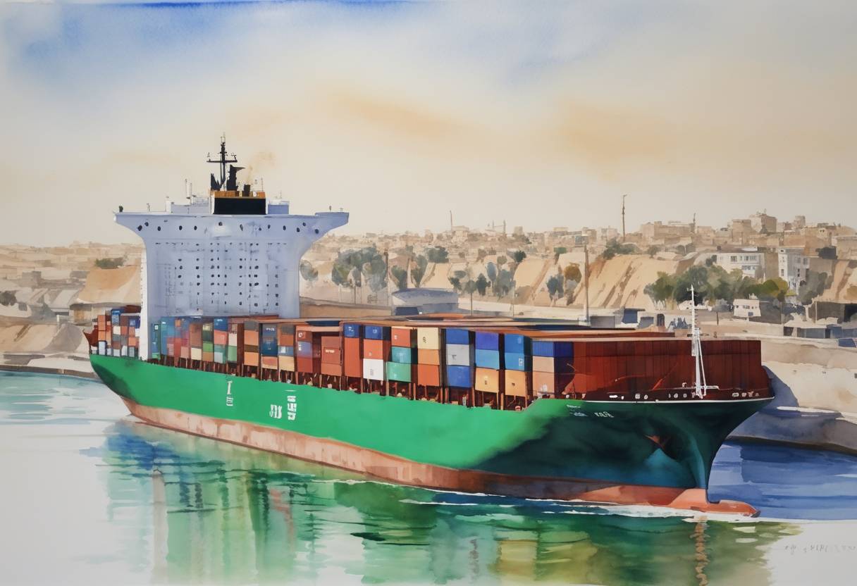 Watercolor painting based depiction of The container ship Ever Given, which had blocked the Suez Canal since March 23, 2021, was partially re-floated, significantly improving efforts to clear the critical trade route. (2021)