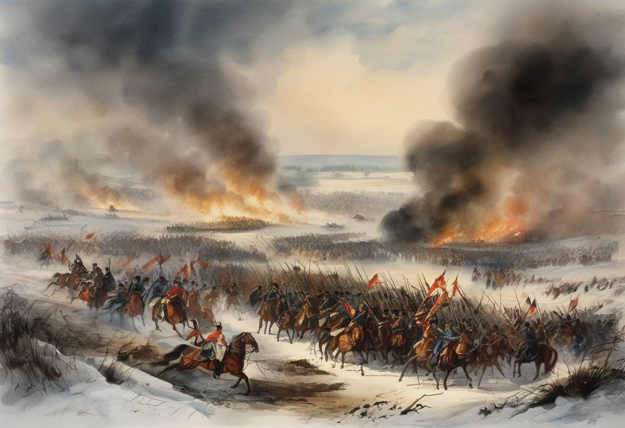Watercolor painting based depiction of The Battle of Ostrołęka takes place during the November Uprising, a Polish insurrection against the Russian Empire. (1831)