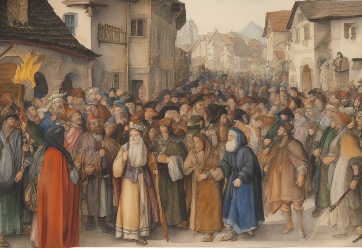 Watercolor painting based depiction of Jewish people were expelled from Carintha, Austria. (1496)