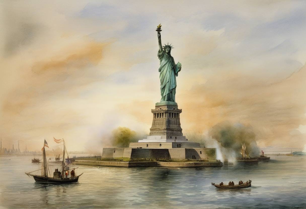Watercolor painting based depiction of The statue of Liberty is officially dedicated by President Grover Cleveland, a gift from the people of France to the United States, symbolizing freedom and democracy. (1886)