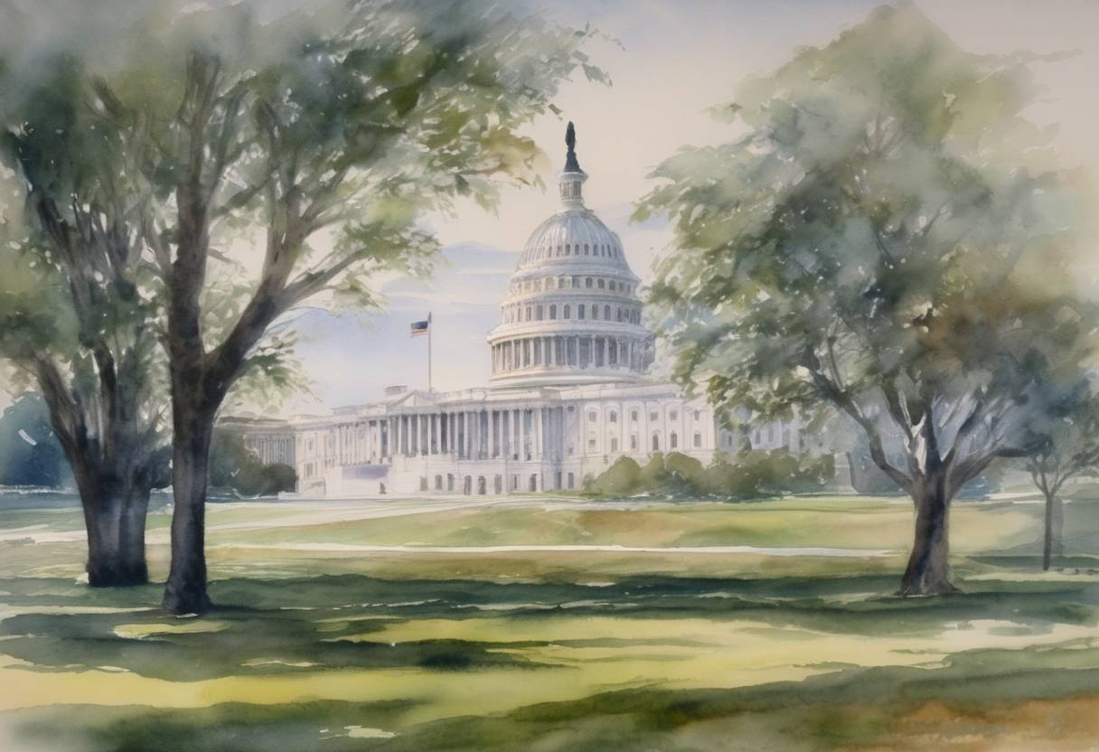 Watercolor painting based depiction of The United States House of Representatives passed a bill creating the Department of Homeland Security in response to the September 11 attacks. (2002)