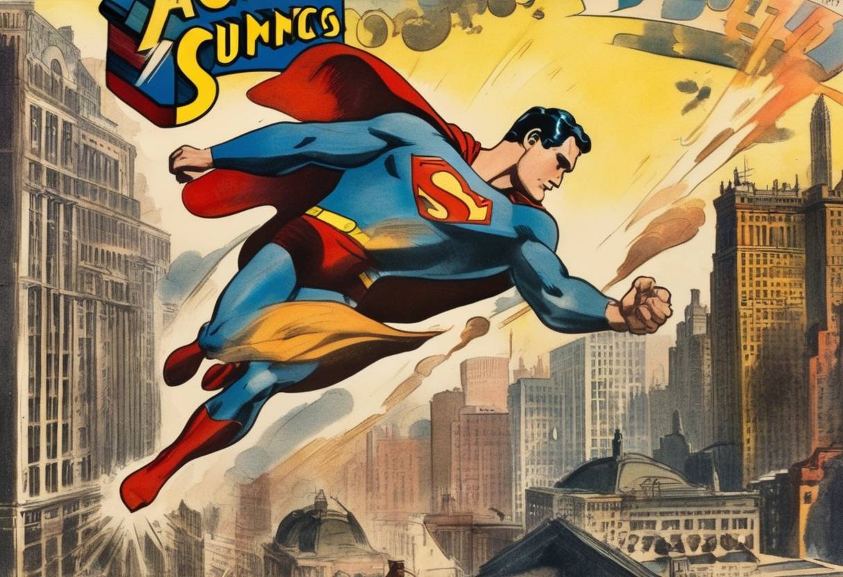 Watercolor painting based depiction of The first issue of the comic book 'Action Comics', featuring the debut of Superman, was published. This marked the beginning of the superhero genre in American comic books. (1938)