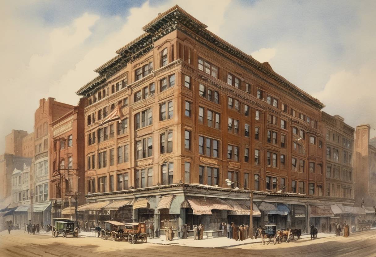 Watercolor painting based depiction of The Wrigley Company was founded in Chicago by William Wrigley Jr., initially selling soap and baking powder before focusing on chewing gum. (1891)