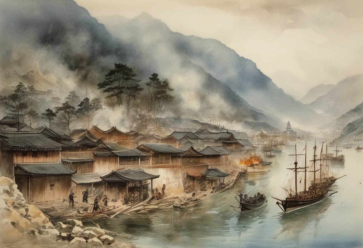 Watercolor painting based depiction of Port Arthur massacre: Armed forces of Japan captured the Chinese city of Port Arthur (now Lüshun), marking a significant victory during the First Sino-Japanese War. (1894)