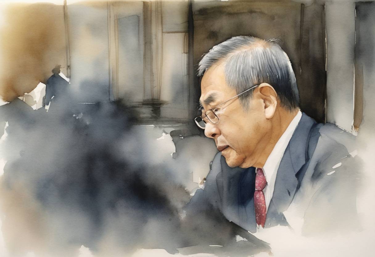 Watercolor painting based depiction of Japanese Finance Minister Hiroshi Watanabe resigns due to health reasons, leading to notable changes within the financial administration. (2007)