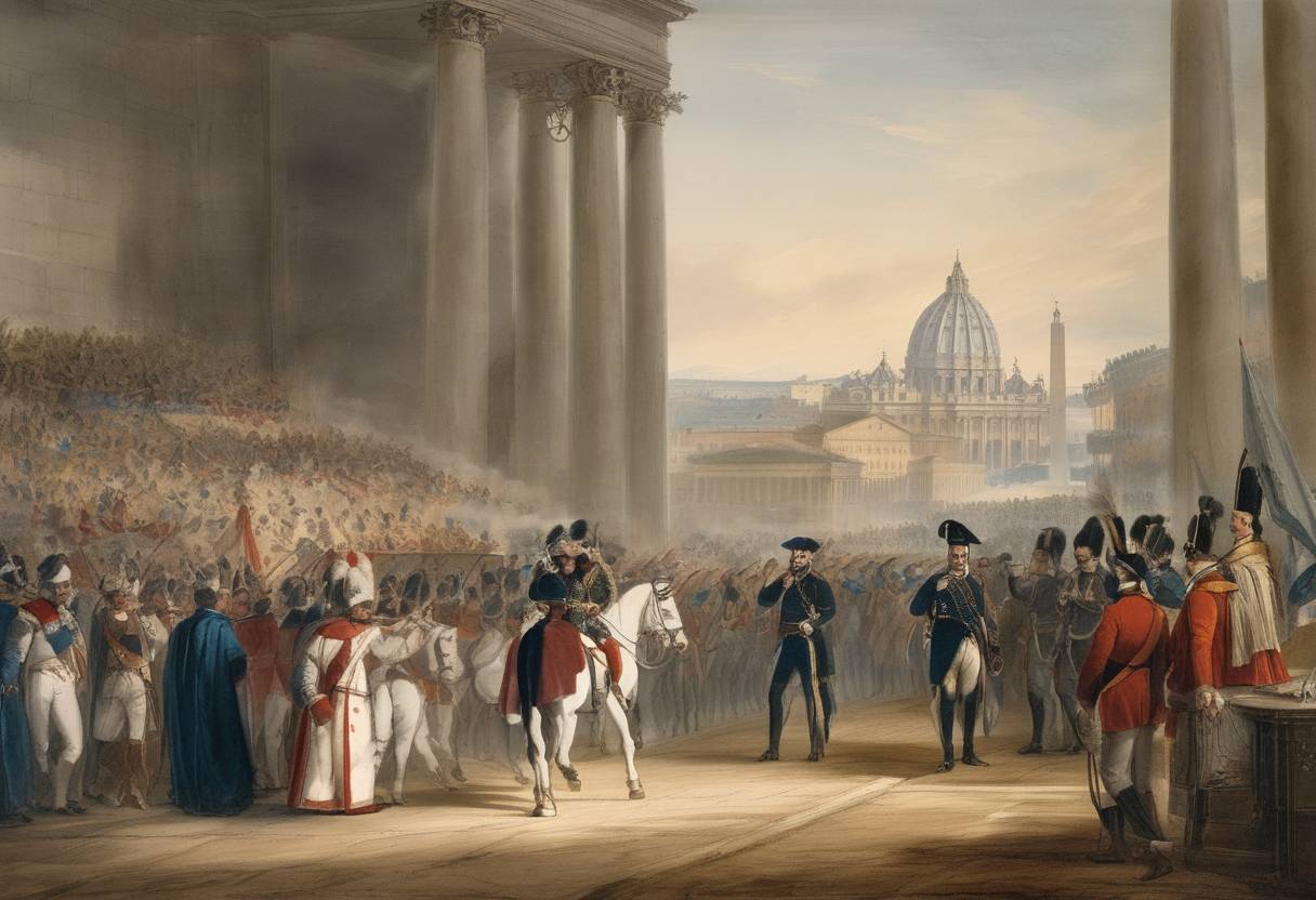 Watercolor painting based depiction of French Emperor Napoleon I orders the annexation of the Papal States into the French Empire, marking a crucial step in his conflict with the Catholic Church and Pope Pius VII over the independence of the Church. (1809)