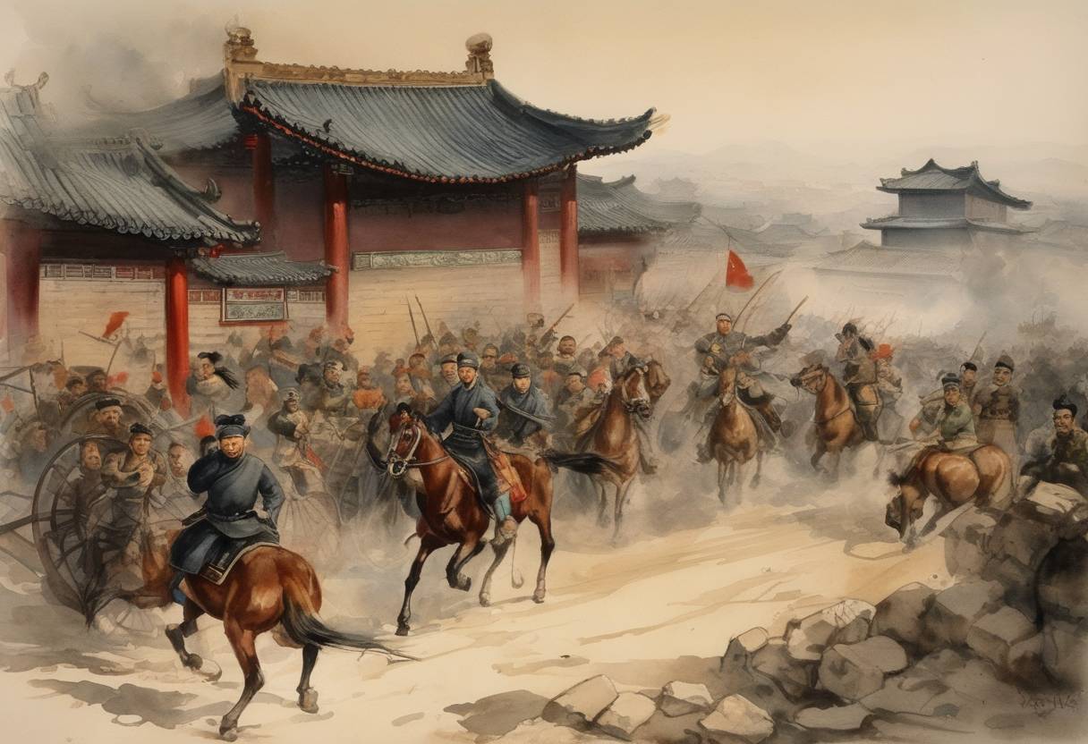 Watercolor painting based depiction of The Boxer Rebellion escalated with the Battle of Peking, a significant confrontation between Imperial Chinese forces and the Eight-Nation Alliance during the conflict in northern China. (1900)
