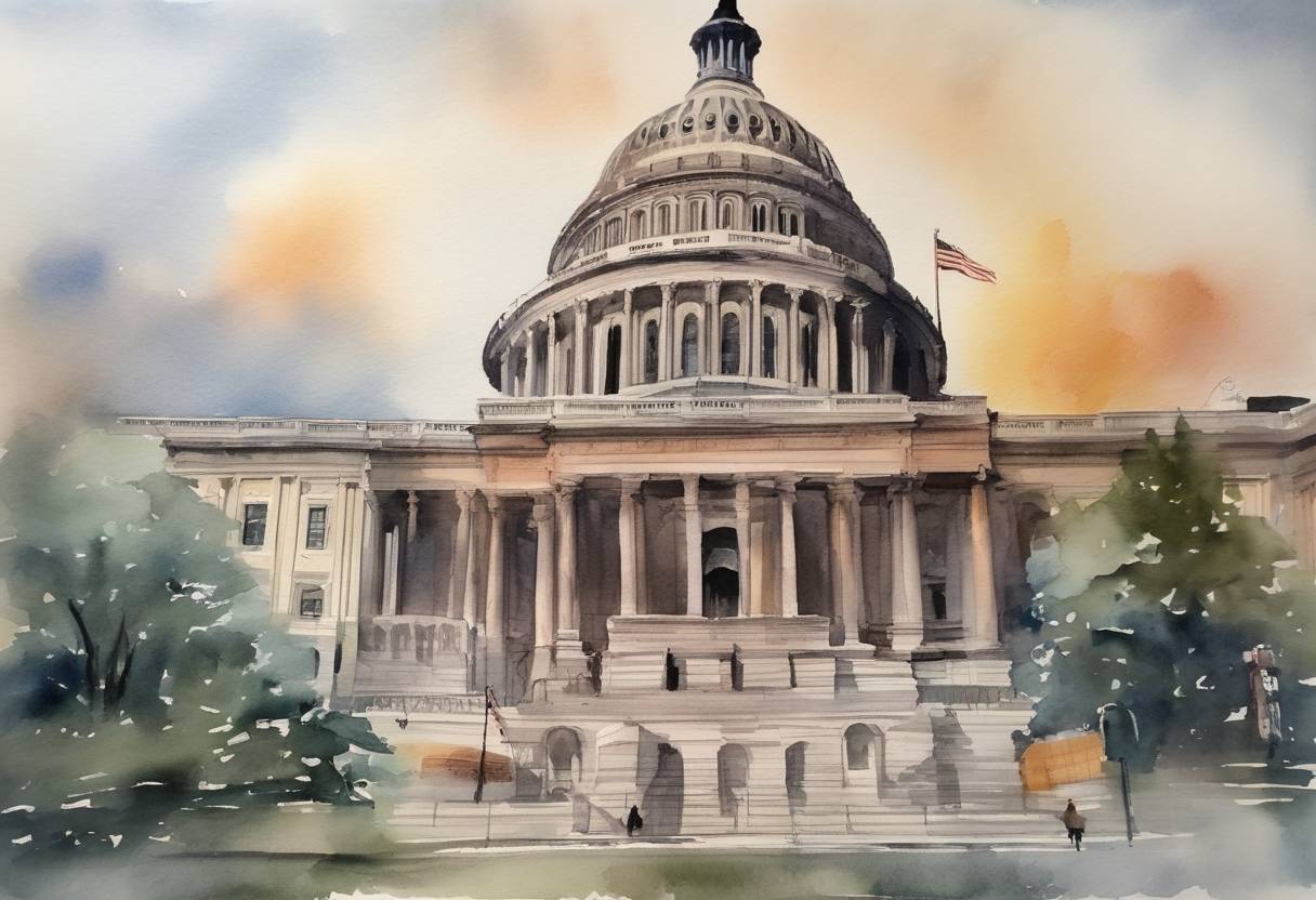 Watercolor painting based depiction of The United States declared a public health emergency in response to the coronavirus, imposing quarantines and restricting entry for travelers from China. (2020)