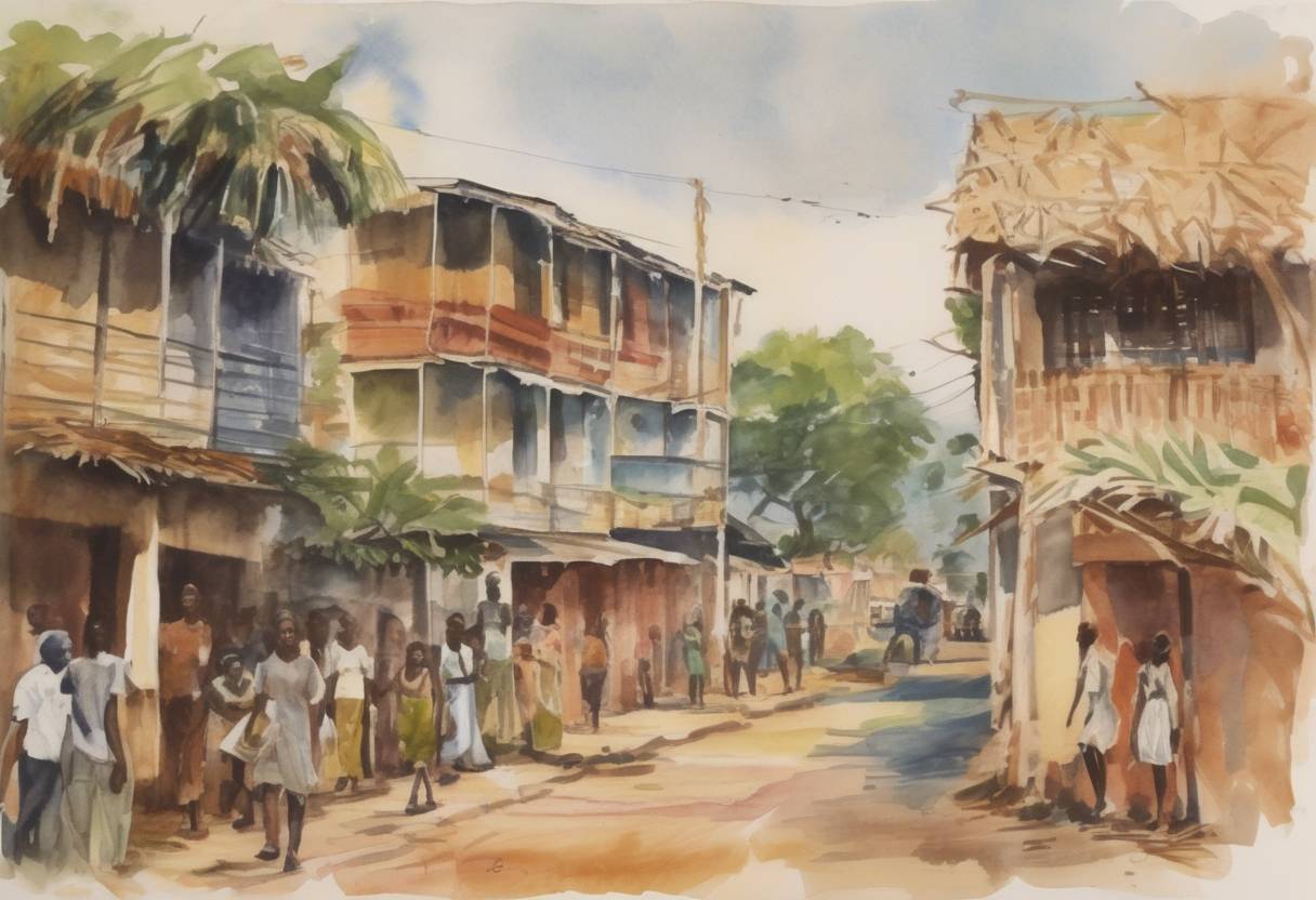 Watercolor painting based depiction of Guinea-Bissau declared its independence from Portugal. (1974)