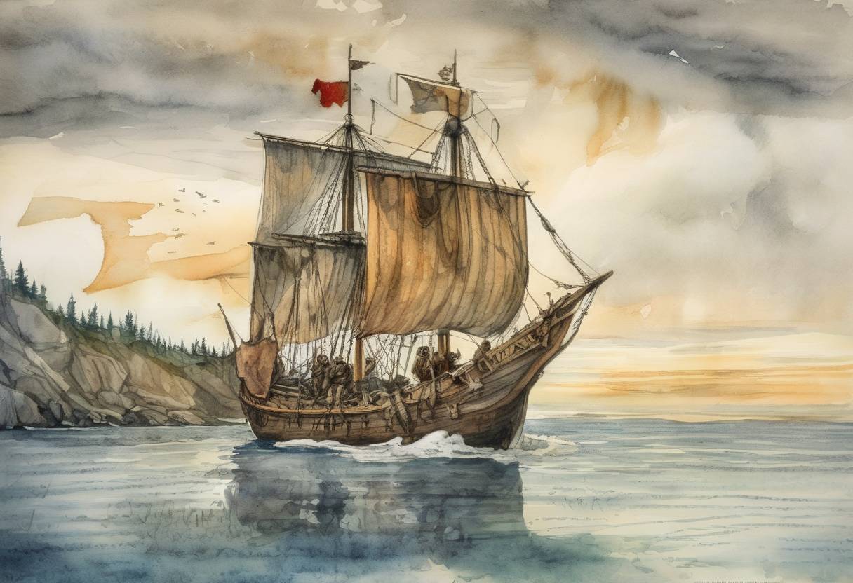 Watercolor painting based depiction of Leif Erikson, the Norse explorer, is believed to have landed in North America, establishing a settlement at Vinland, which is thought to be in the area of modern-day Newfoundland, Canada. (1000)