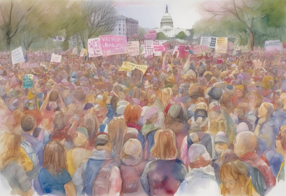 Watercolor painting based depiction of The March for Women's Lives takes place in Washington, D.C., drawing over a million participants advocating for reproductive rights and women's health issues. (2004)