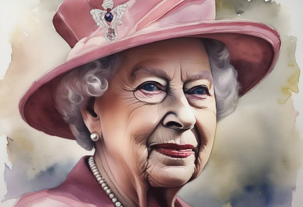 Watercolor painting based depiction of Queen Elizabeth II, the longest-reigning monarch in British history, passed away at Balmoral Castle in Scotland, marking the end of a 70-year reign. (2022)