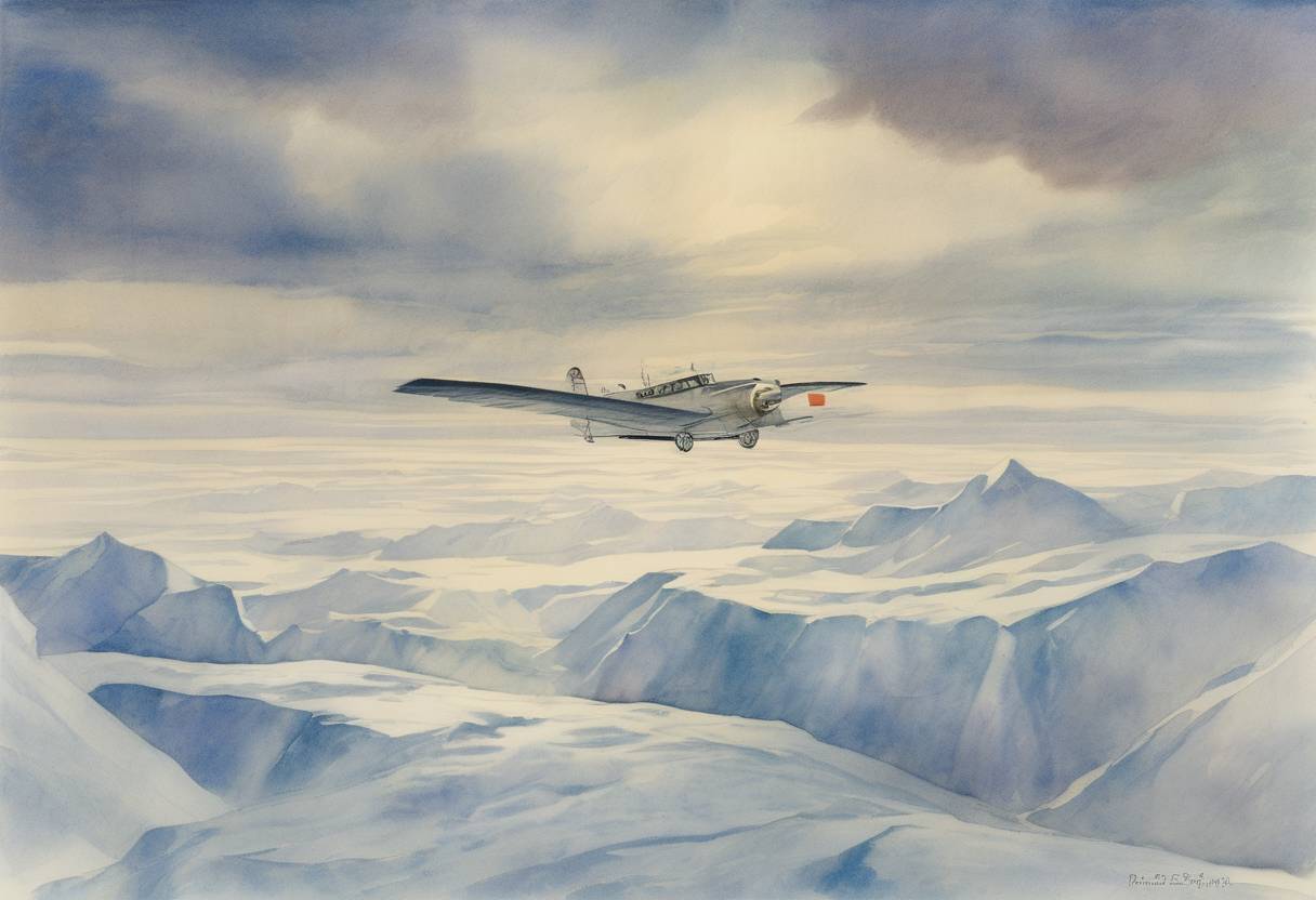 Watercolor painting based depiction of The first flight over the North Pole was made by Richard E. Byrd and Floyd Bennett. (1926)