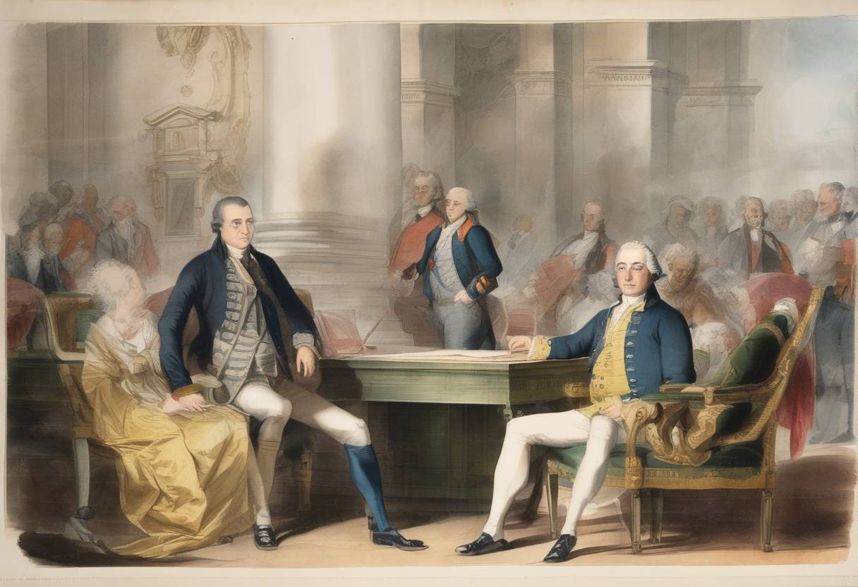 Watercolor painting based depiction of The United States and Spain signed the Treaty of San Lorenzo, also known as Pinckney's Treaty, establishing intentions of friendship between the two nations. (1795)