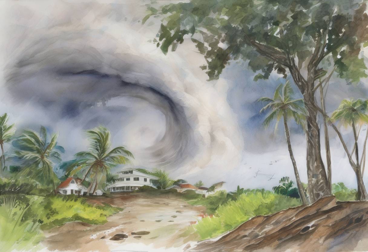 Watercolor painting based depiction of Hurricane Ivan, a Category 5 hurricane, makes landfall in Grenada, causing widespread destruction and leading to significant loss of life and property damage. (2004)