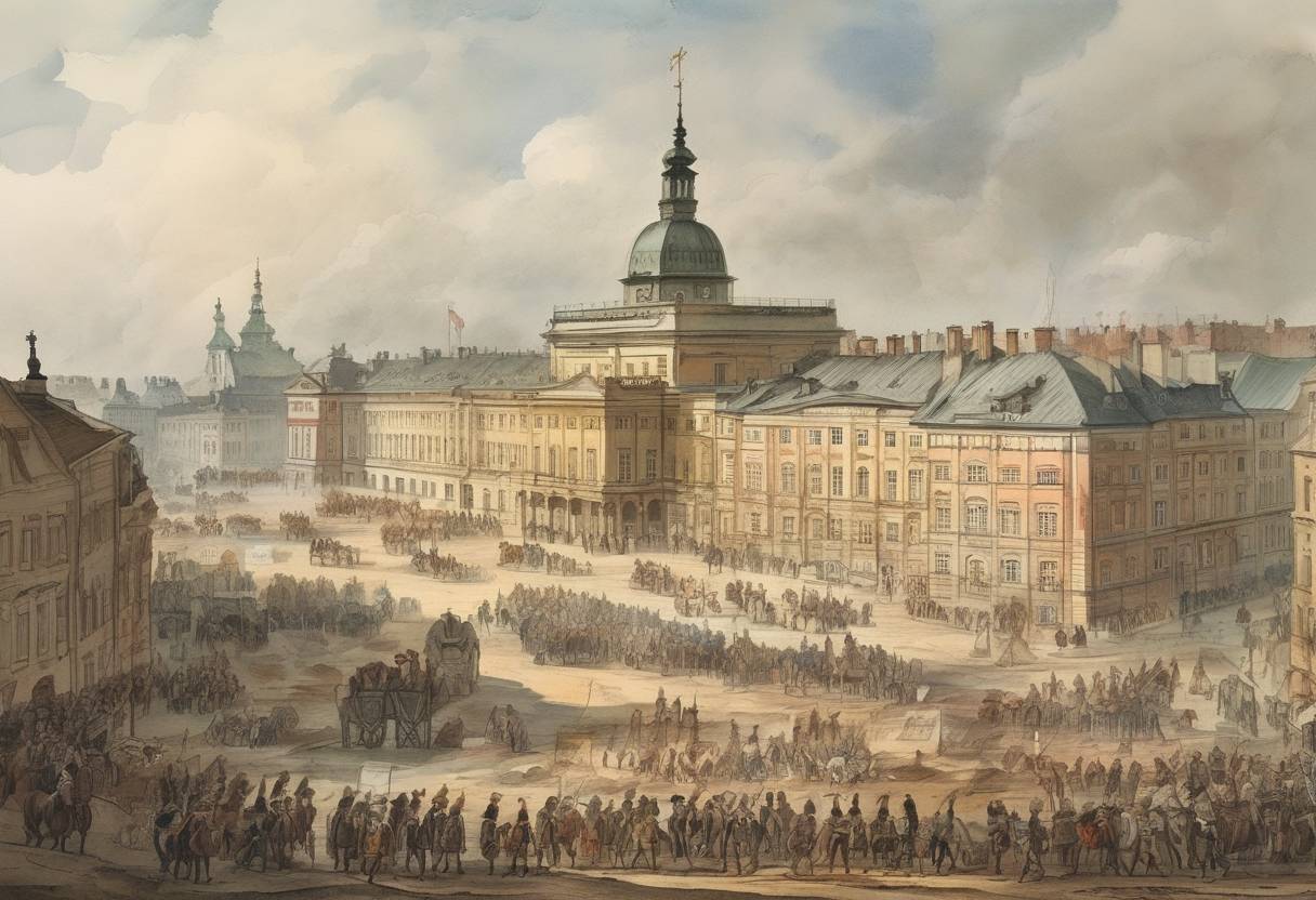 Watercolor painting based depiction of The first Partition of Poland was ratified by the Polish Sejm, dividing Polish territories among the Russian Empire, the Kingdom of Prussia, and the Habsburg Monarchy. (1772)