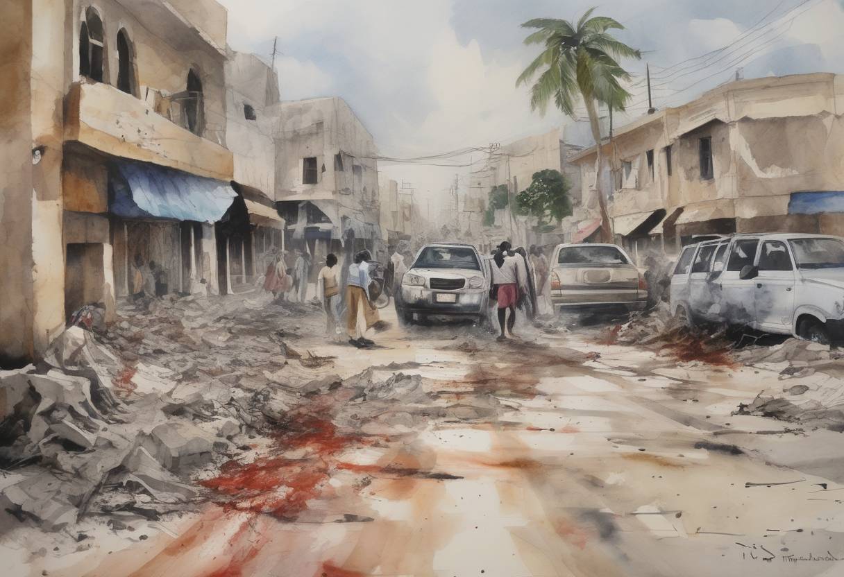 Watercolor painting based depiction of A suicide bombing in Mogadishu, Somalia, killed at least 24 people, including three government ministers, highlighting the ongoing instability and violence in the region. (2009)