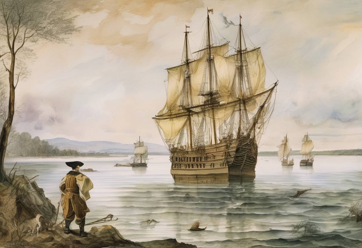Watercolor painting based depiction of Henry Hudson discovers Delaware Bay during his exploration of the New World. (1609)