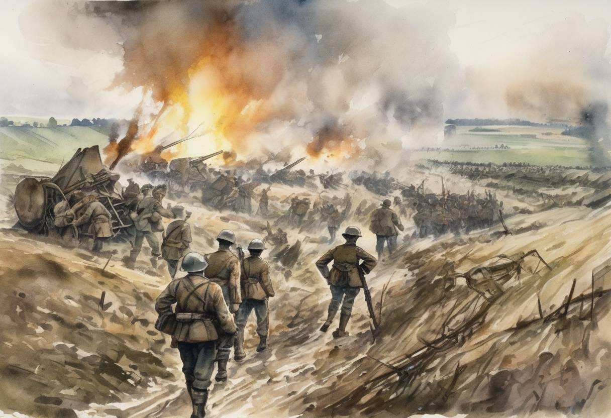 Watercolor painting based depiction of The Battle of the Somme began with a week-long artillery bombardment by British and French forces against German positions, leading to one of the largest battles of World War I. (1916)
