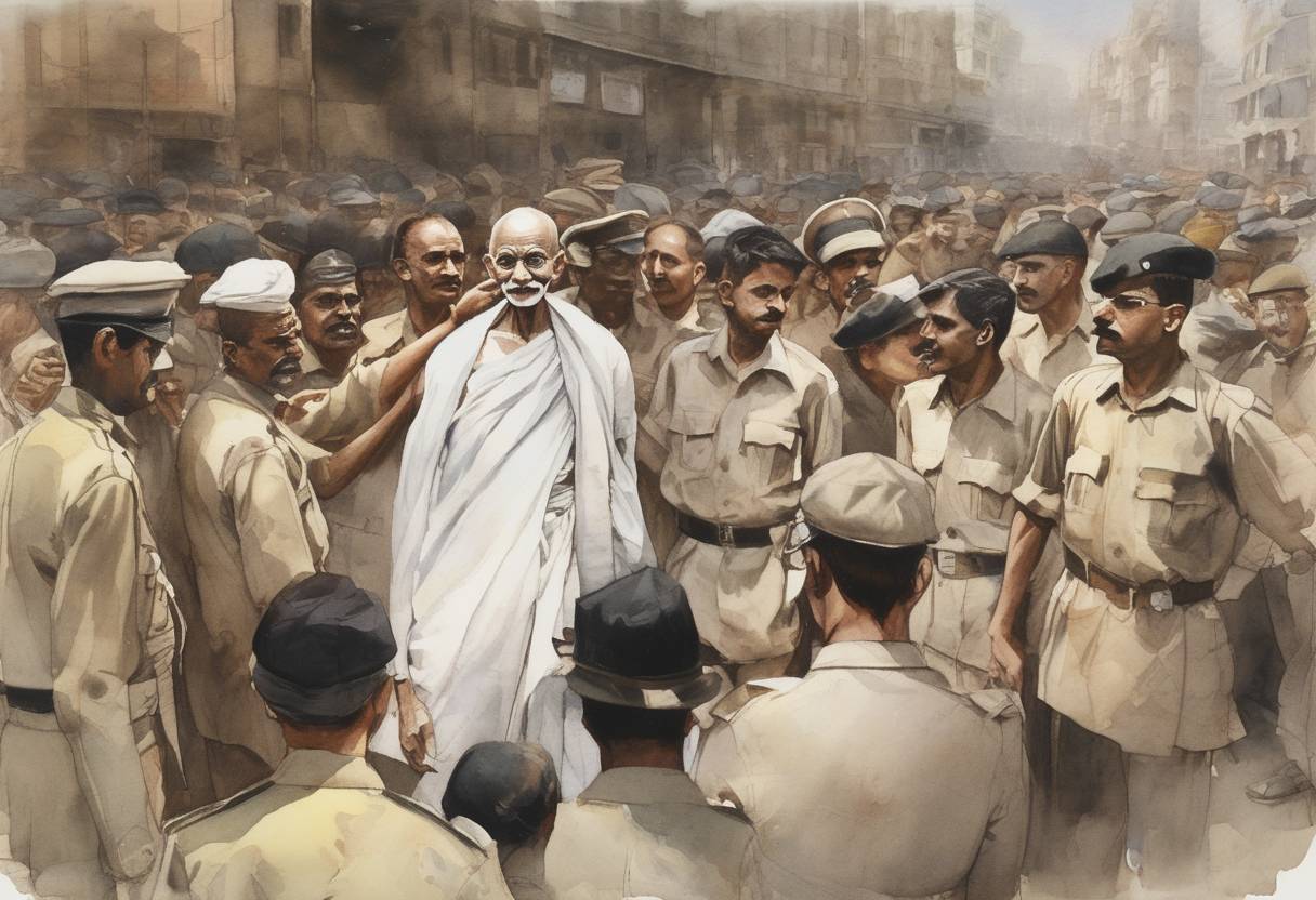 Watercolor painting based depiction of Mahatma Gandhi is arrested in Bombay by British forces, marking the beginning of the Quit India Movement, a mass protest demanding an end to British rule in India. (1942)