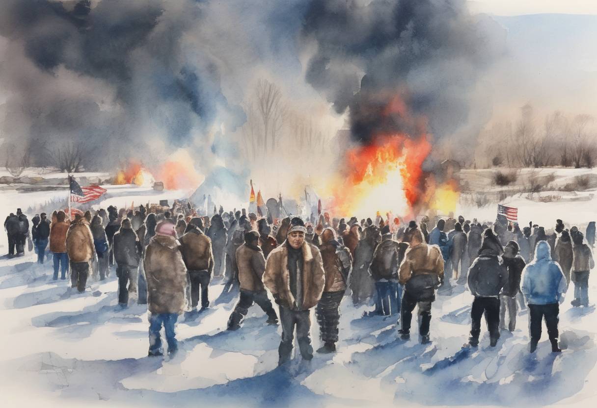 Watercolor painting based depiction of The Dakota Access Pipeline protests intensified as law enforcement used water cannons on protesters in freezing temperatures at the Standing Rock Indian Reservation. (2016)