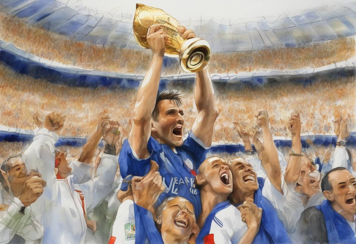 Watercolor painting based depiction of France won the 1998 FIFA World Cup, defeating Brazil 3-0 in the final held at the Stade de France in Saint-Denis, marking their first World Cup victory. (1998)