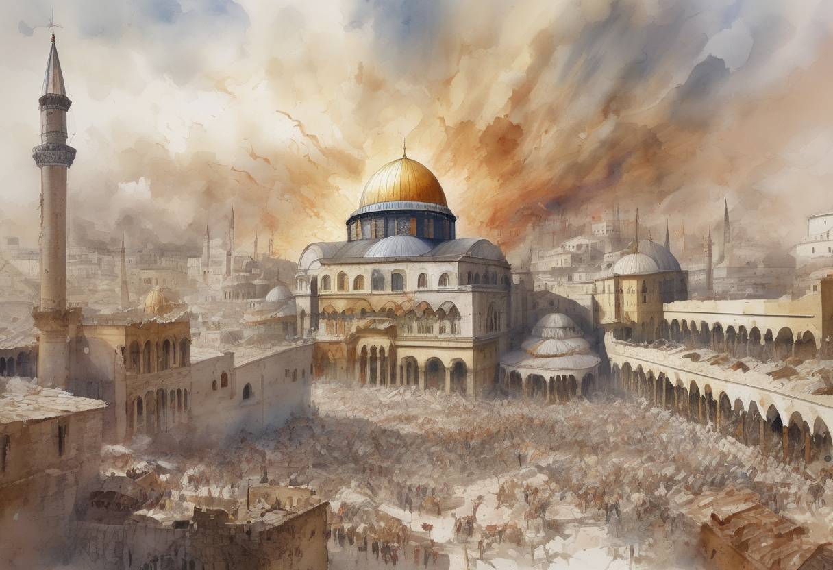 Watercolor painting based depiction of A powerful earthquake strikes the Byzantine Empire, causing significant damage to the city of Constantinople and its surrounding areas. (447)