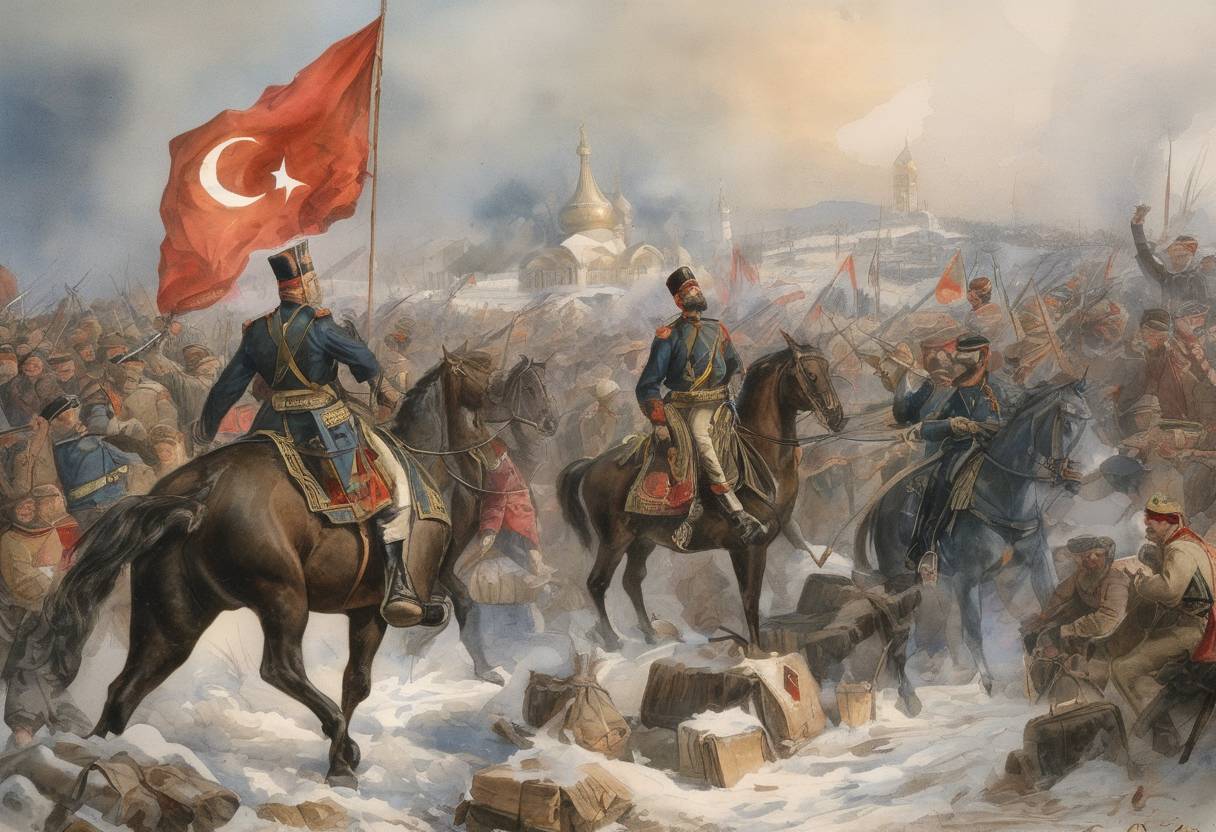 Watercolor painting based depiction of Russo-Turkish War (1877–1878) began as Russia declared war on the Ottoman Empire. (1877)