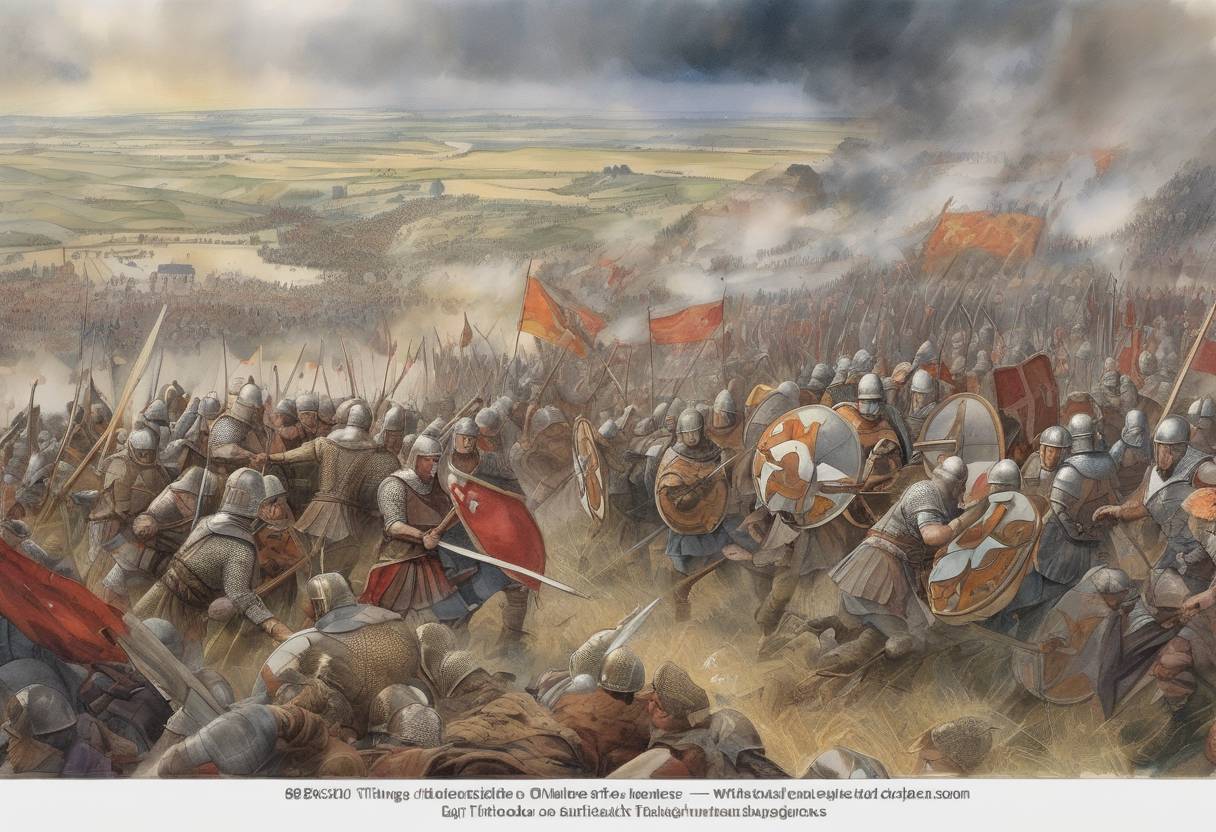 Watercolor painting based depiction of The Battle of Thimeon occurred, where the Frankish forces under Charles the Fat defeated the Viking raiders, marking a significant victory in the Carolingian efforts to repel Viking invasions. (880)