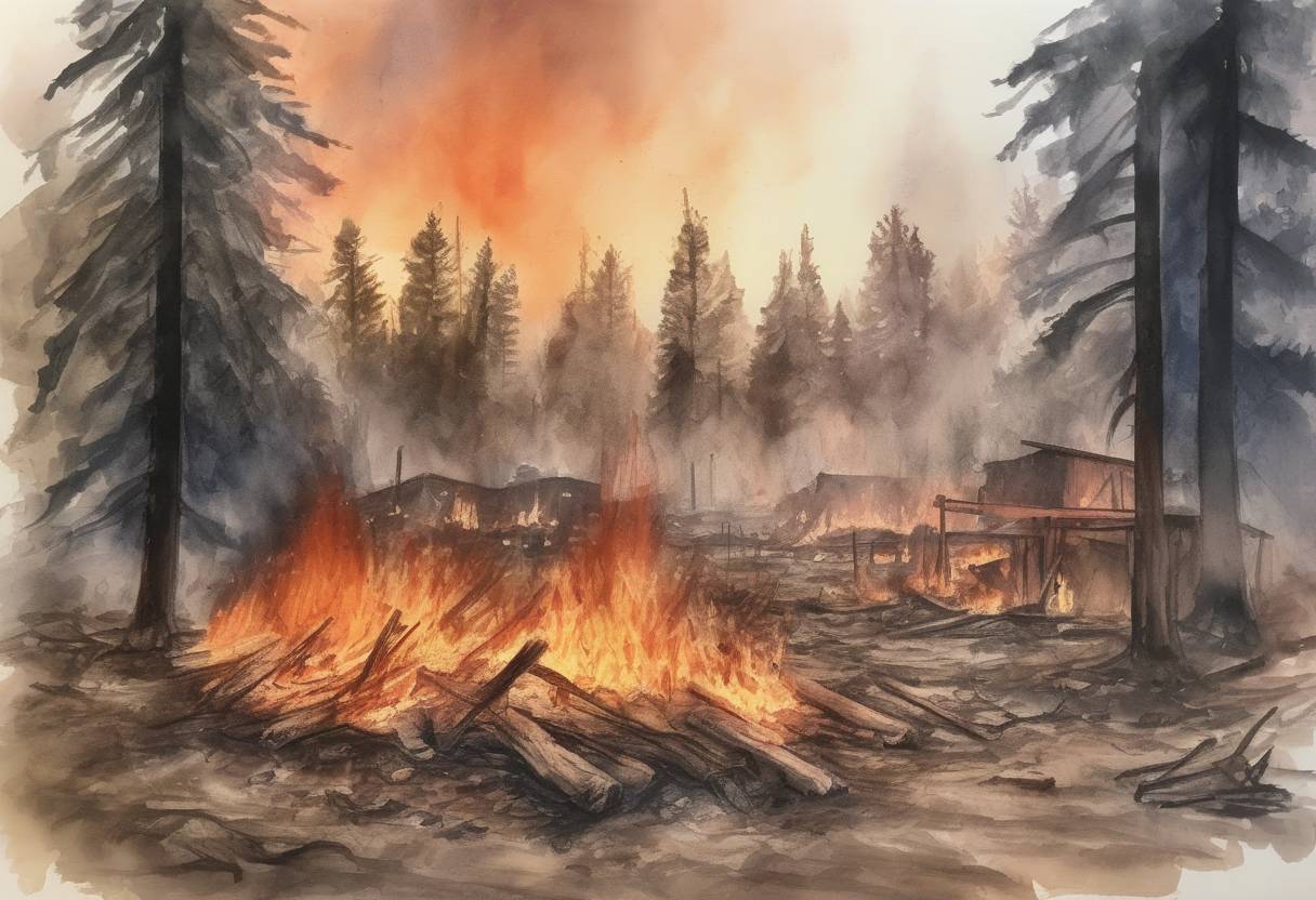 Watercolor painting based depiction of The Camp Fire in California became the deadliest and most destructive wildfire in the state's history, with a death toll of 85 and thousands of structures destroyed. (2018)