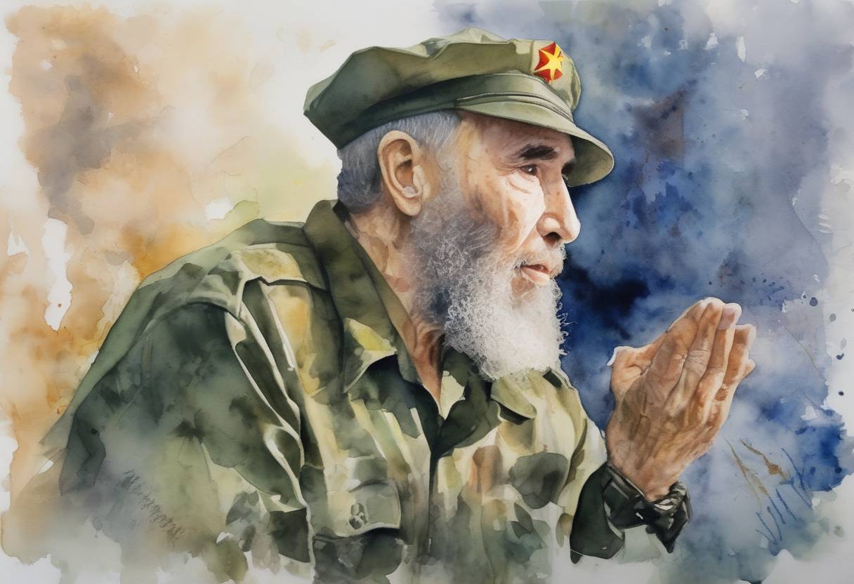 Watercolor painting based depiction of Fidel Castro, the former President of Cuba and revolutionary leader, dies at the age of 90, marking the end of an era in Cuban history. (2016)