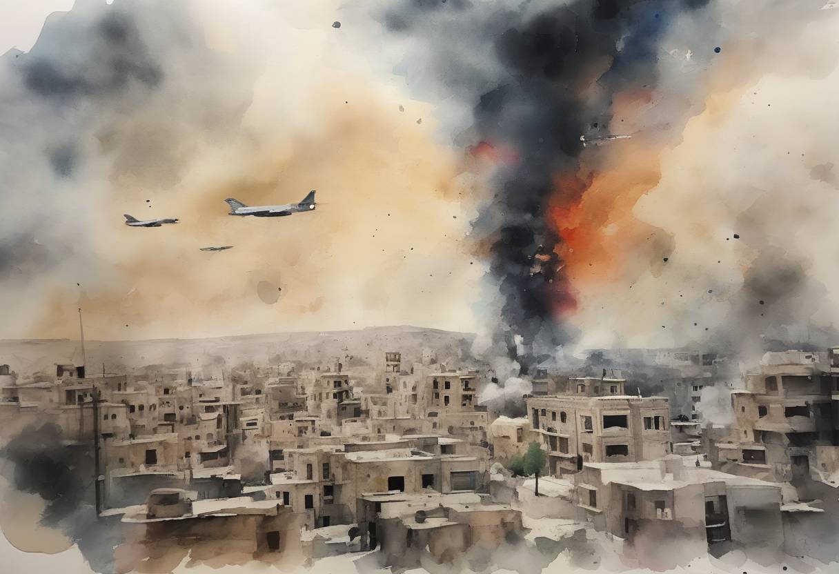Watercolor painting based depiction of The United States, United Kingdom, and France launch coordinated airstrikes against Syrian government sites in response to a chemical weapons attack in Douma. (2018)