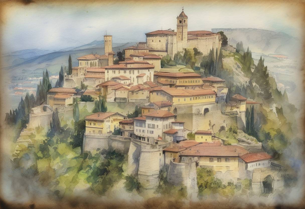 Watercolor painting based depiction of San Marino adopts its written constitution, which is still in effect today, making it the world's oldest constitution still in use. (1600)