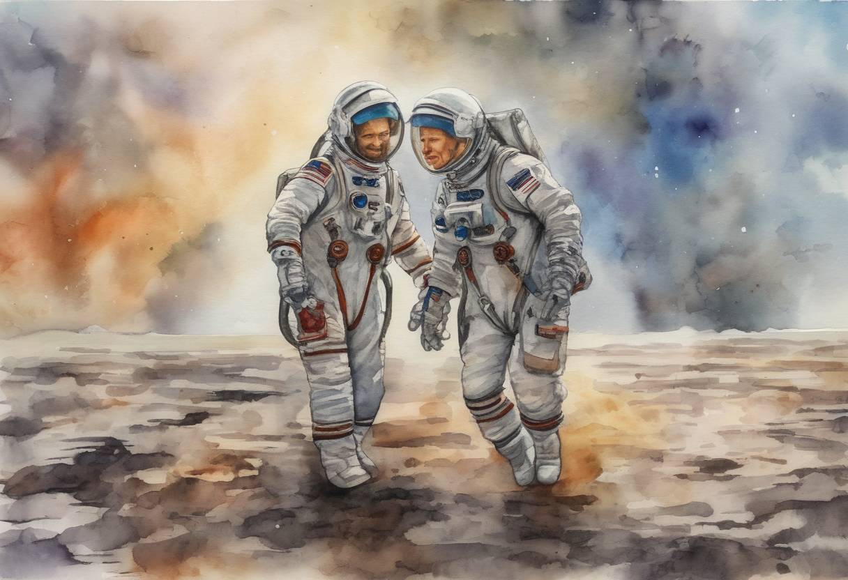 Watercolor painting based depiction of NASA astronaut Nick Hague and Russian cosmonaut Alexey Ovchinin survived an emergency landing after a Soyuz rocket carrying them to the International Space Station failed mid-flight. (2018)