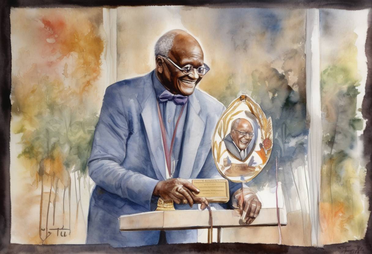 Watercolor painting based depiction of Desmond Tutu is awarded the Nobel Peace Prize for his role in the opposition to apartheid in South Africa. (1984)
